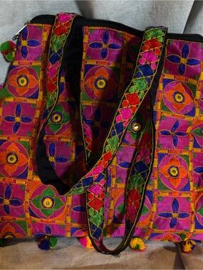 Colorful Embroidered Pink Multi Tote Bag